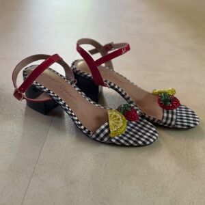 Betsey Johnson Malia Embellished Fruit Patent Leather Gingham heels women size 6